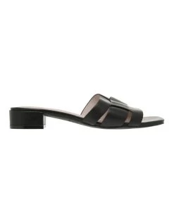 Cheap ⭐ Basque Madison Black Leather Low Stacked Heeled 🩴 Sandal 🧨