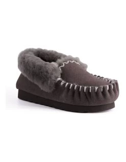 Promo 💯 Aus Wooli Ugg Hand Stitched Womens Sheepskin Moccasin - Dark Grey 🔥